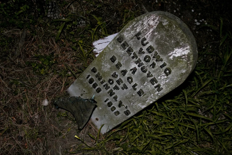 the stone is lying in the grass near a baseball glove