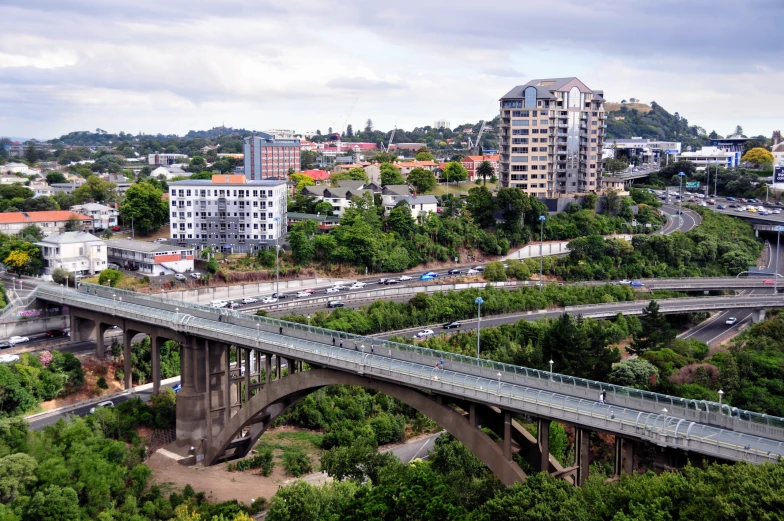 a large bridge crosses over a city with tall buildings