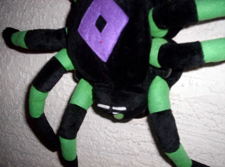 stuffed animal spider sitting on white surface next to wall