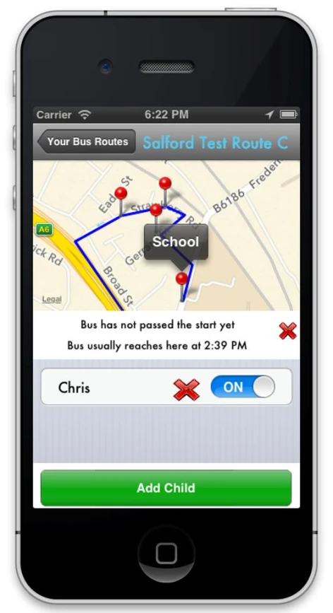 a cell phone with the school bus map on the screen