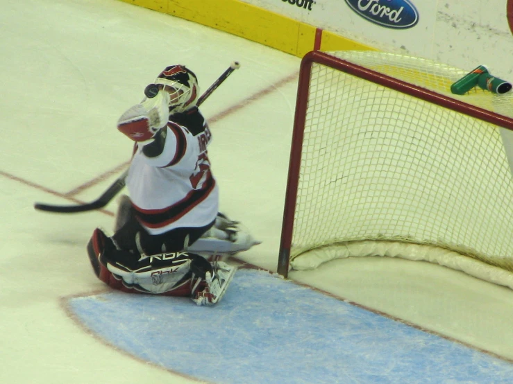 hockey player about to make save during game