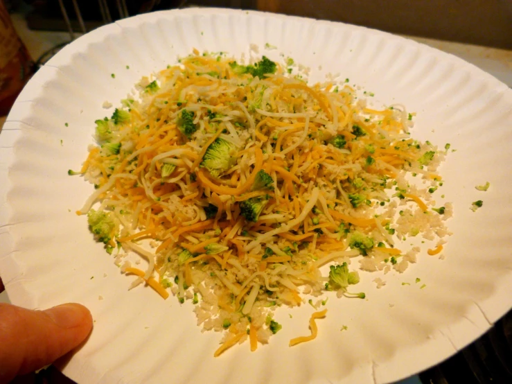 a paper plate with noodles and cheese topped with broccoli