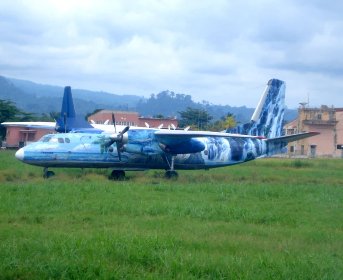 a blue airplane with an image on it