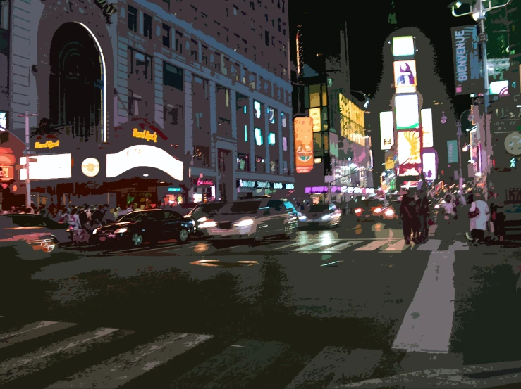 people walking through the streets of a large city at night