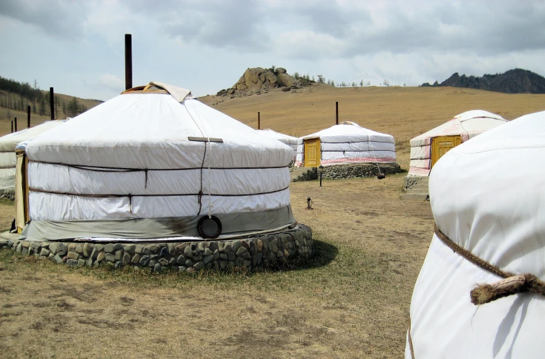 yurts and other white houses at a ranch with mountain in the background