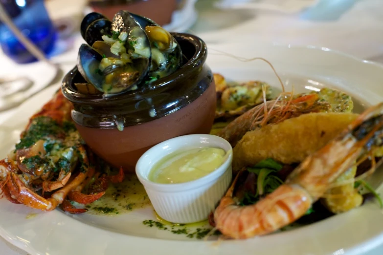 lobster, shrimp, breaded oyster and other seafood dish on a plate