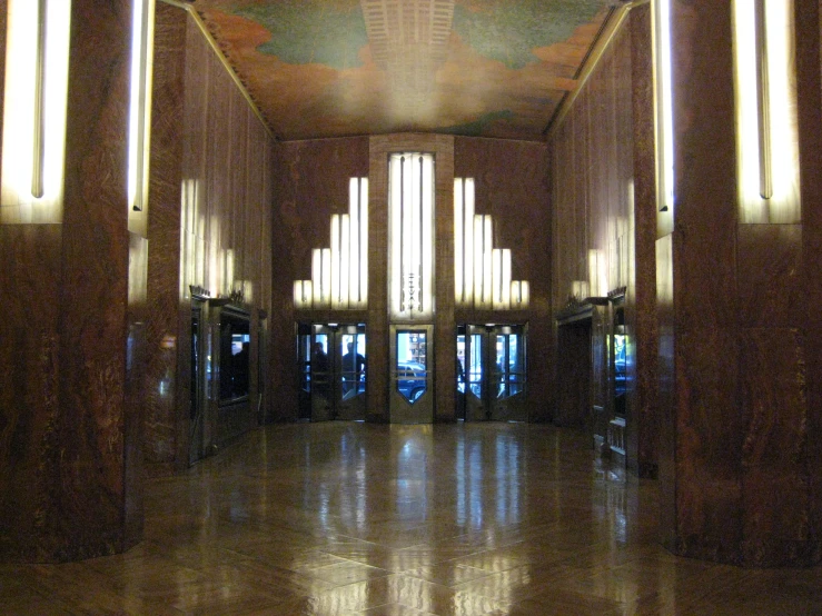 the view into a large hallway with many lights