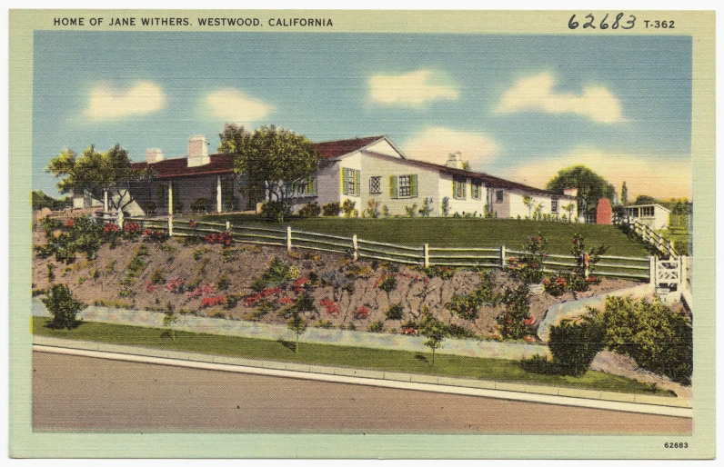 vintage postcard with homes and hills in the back