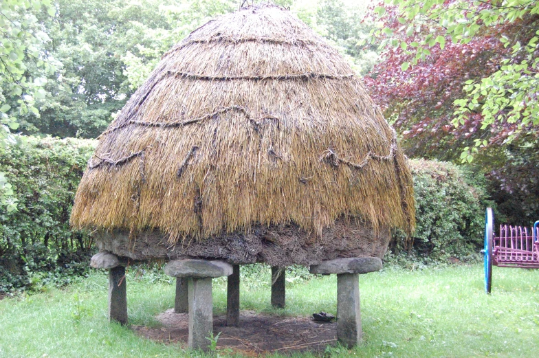 an image of a thatched structure in a garden