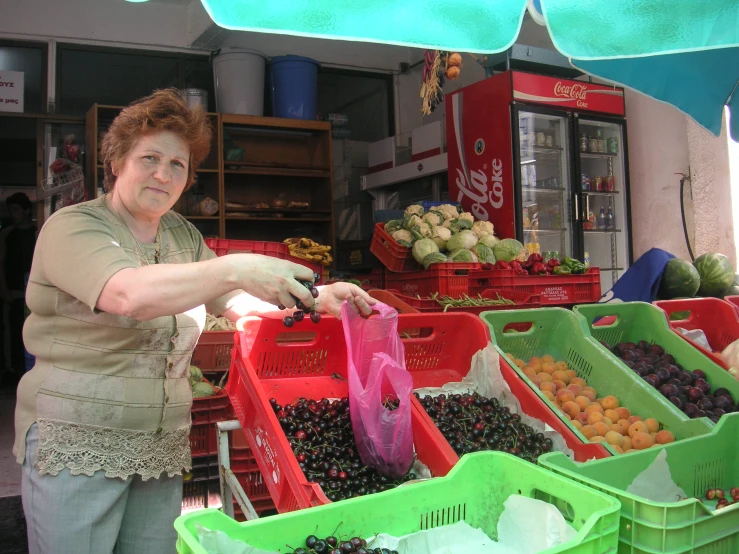 a woman holding shopping bags at an outdoor fruit stand