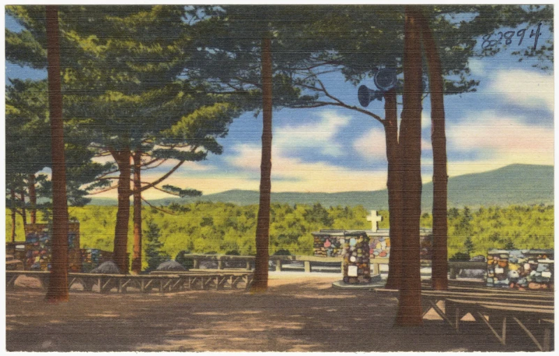 a painting of benches in the woods, with people standing around