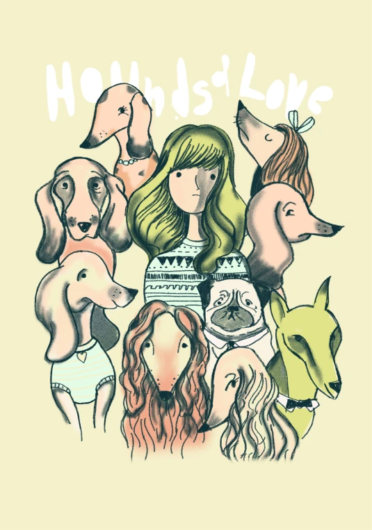 a woman with many dogs wearing different outfits