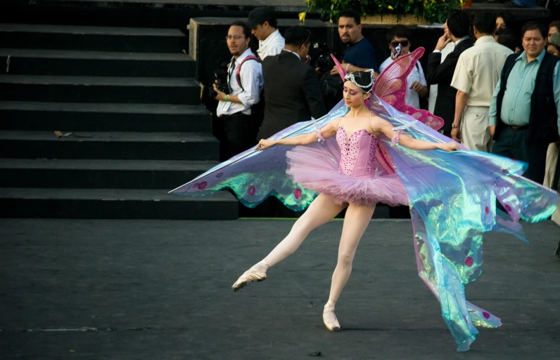 two women in pink and purple tutus, one wearing erfly wings, one with a dress