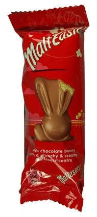 a candy bar with chocolate bunny in a pouch