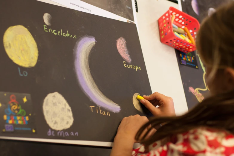 girl using markers to paint on chalk drawing