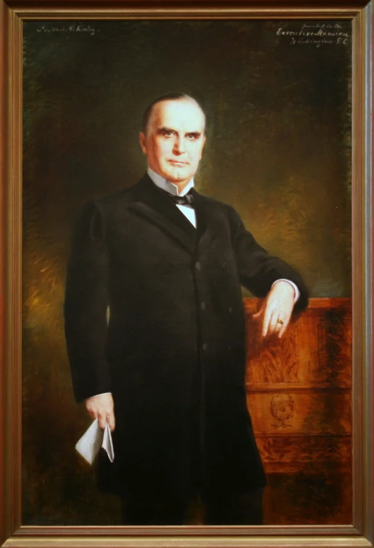 a portrait of an elderly man in a black suit and tie