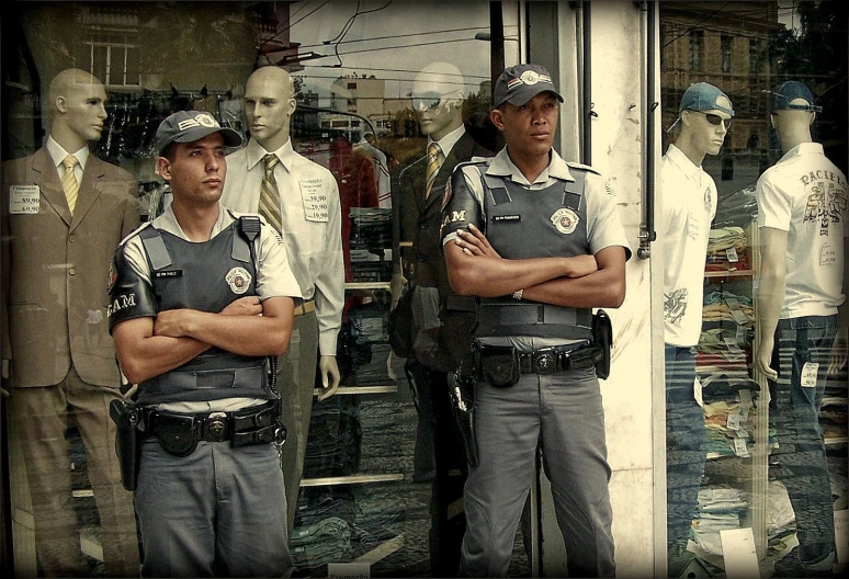 two uniformed police standing in front of a window with men looking in the window