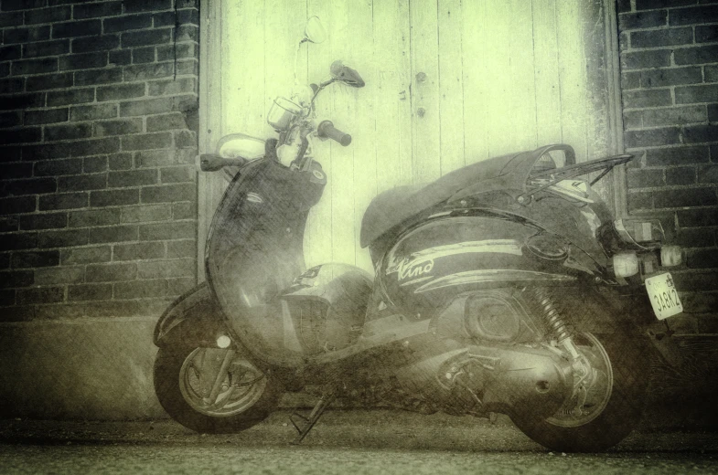 a motorcycle parked in front of a door