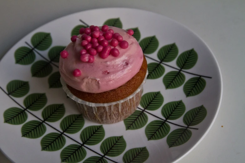 the cupcake on the plate has sprinkles all over it