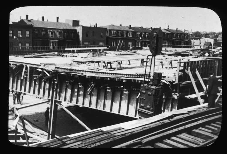 black and white pograph of the remains of an industrial area