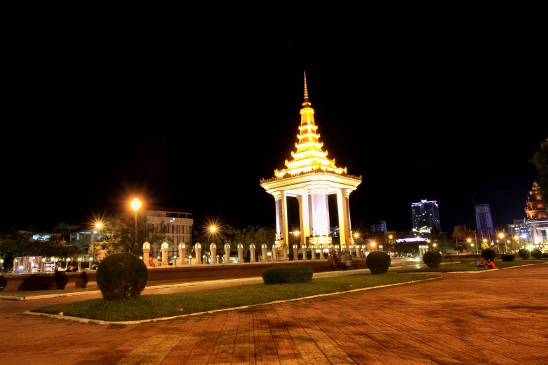 a tower in a public park at night