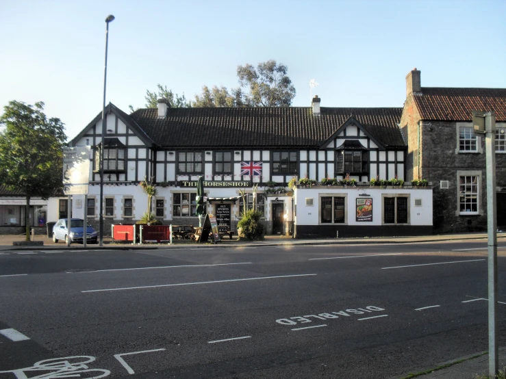 an old building with white and black accents