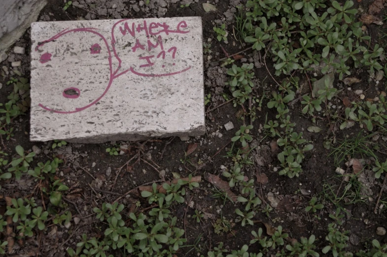 there is writing on a concrete block on the ground