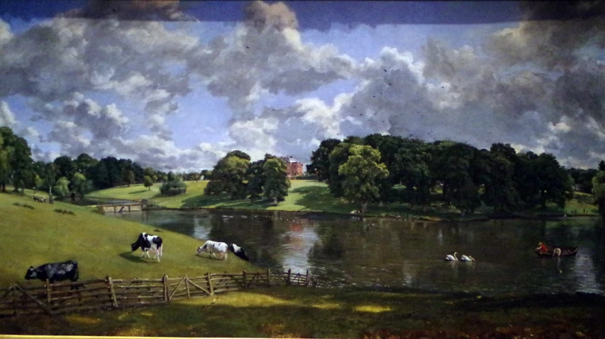 a painting depicting animals grazing on a pasture