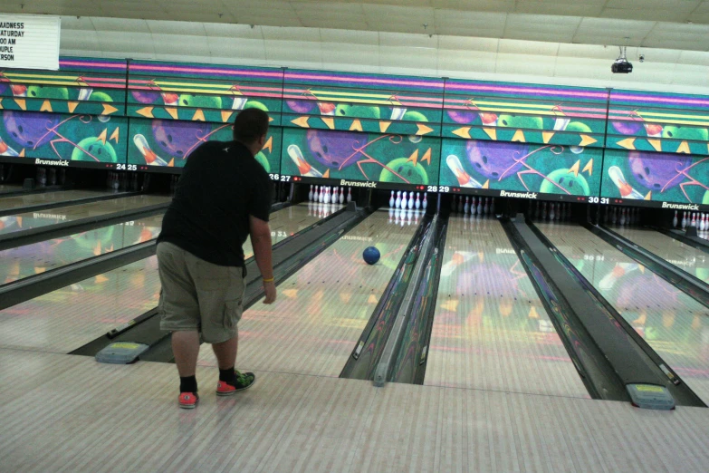 the man is bowling on his feet in a bowling alley