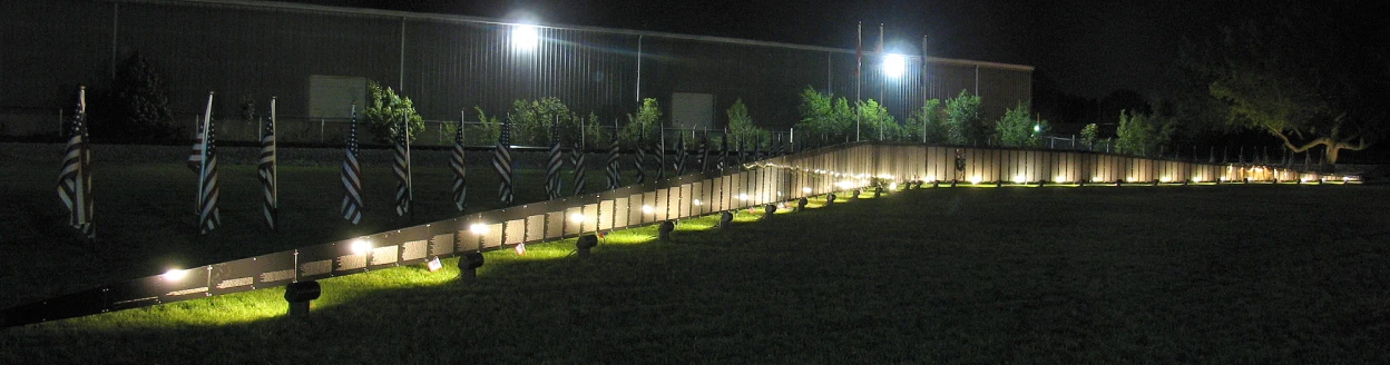 a fenced in park at night with lights on