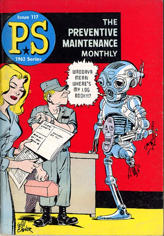 a cover of the ps novel shows a person in a suit looking at a robot holding papers