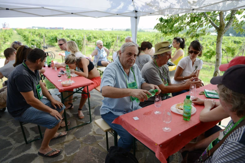 people sitting at tables in front of many trees