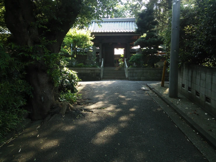 a road leading towards an oriental style building in the woods