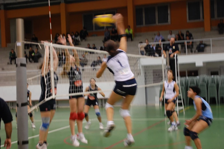 girls in sports uniform playing volleyball with a crowd watching