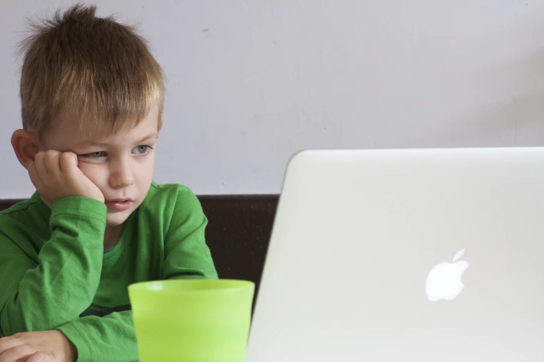 a small boy sitting in front of a laptop