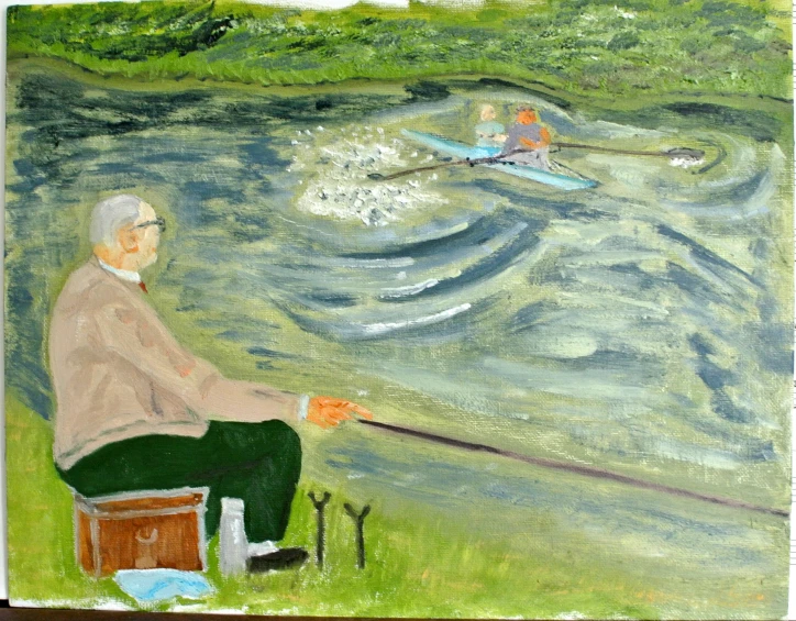 an old man sits in a chair fishing