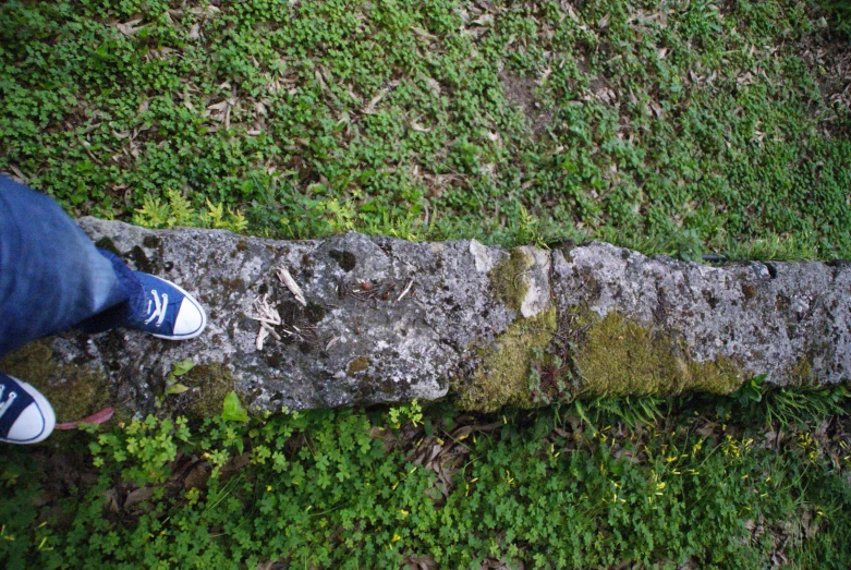 a man stands in front of a rock wall