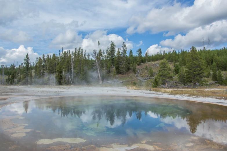 steam rises from the pool in a large field