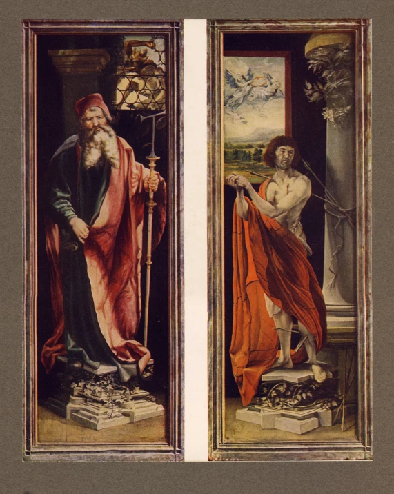 two paintings, one with the person standing, one wearing a cloak