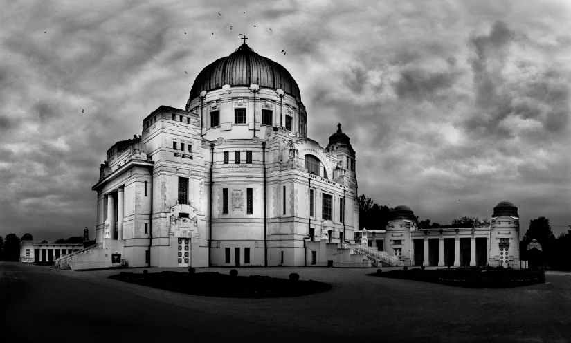 a black and white po of a building