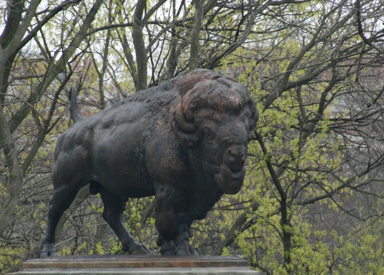 a large, old - fashioned, bronze bison statue near some trees