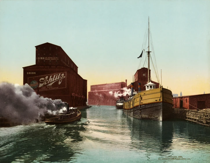 a painting of a harbor scene with a barge moving through the water