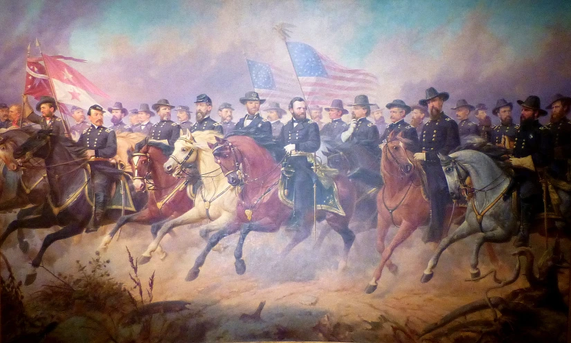 military painting depicts men on horseback with uniforms painted