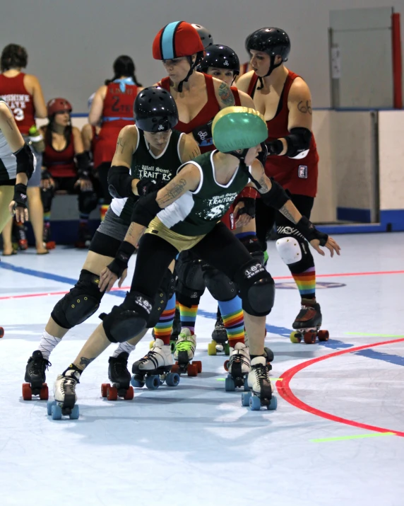 several young men roller skating while looking back