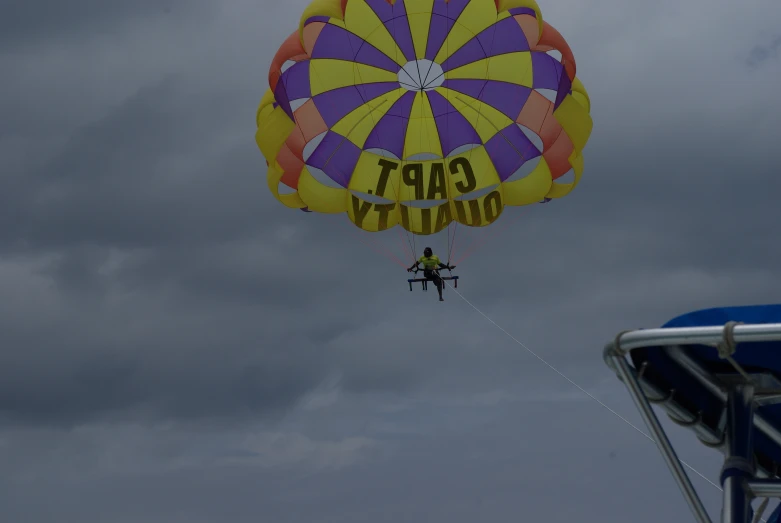 an image of a person in the air holding on to a parachute