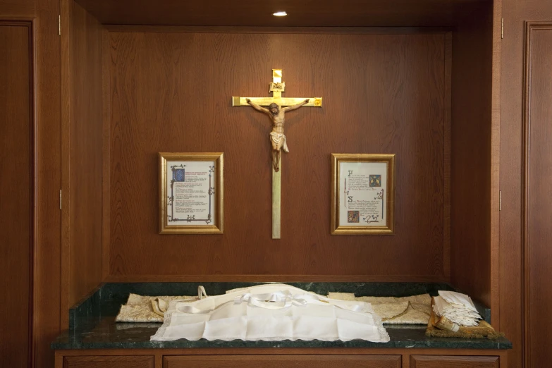 a large wooden altar with an alter in it