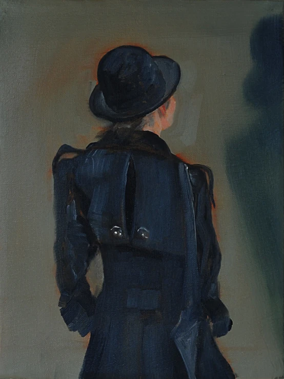 a painting of a person in black coat and hat looking to the right
