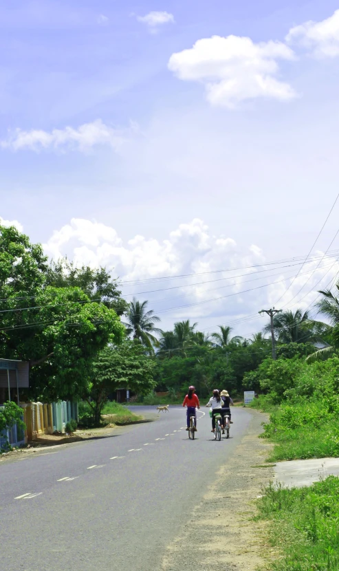 three people riding bikes down a paved road