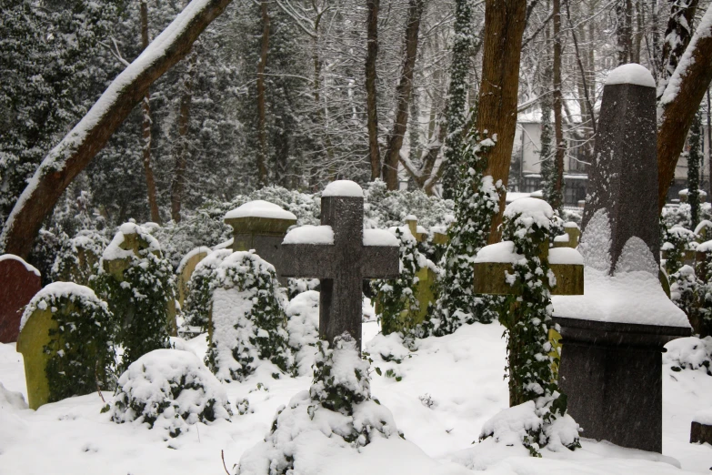 a snowy graveyard with the tops covered in snow