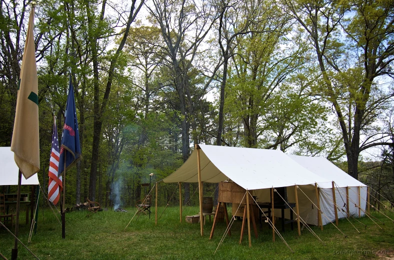 tents in the woods with flags and smoke coming out